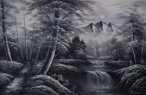 Large Signed Oil Painting, Black & White, Hand Painted Landscape Canvas 2007 - Picture 1 of 9