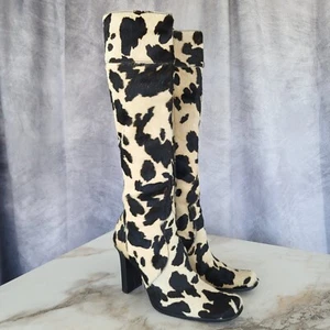 BEBE Cow Print on Pony Knee High Leather Boots Women's Size 7.5 M Black White - Picture 1 of 20