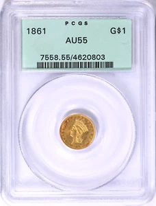 1861 $1 Gold Dollar PCGS AU55 OGH - Picture 1 of 2