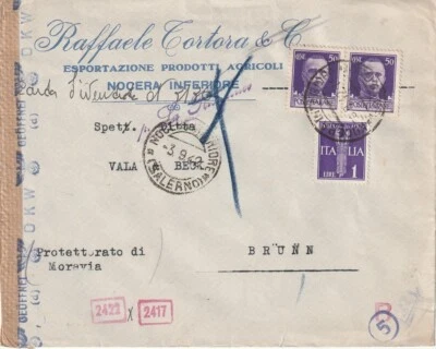 ITALIA: Portada censurada de Salerno a Checoslovaquia 1942. Foto 1 de 2