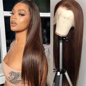 Chocolate Brown Lace Front Human Hair Wig Women Pre Plucked Transparent Straight - Picture 1 of 9