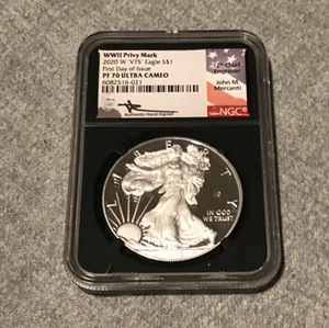 2020 W V75 SILVER EAGLE WWII NGC PF70 UCAM MERCANTI Signed First Day Issue BC - Picture 1 of 6