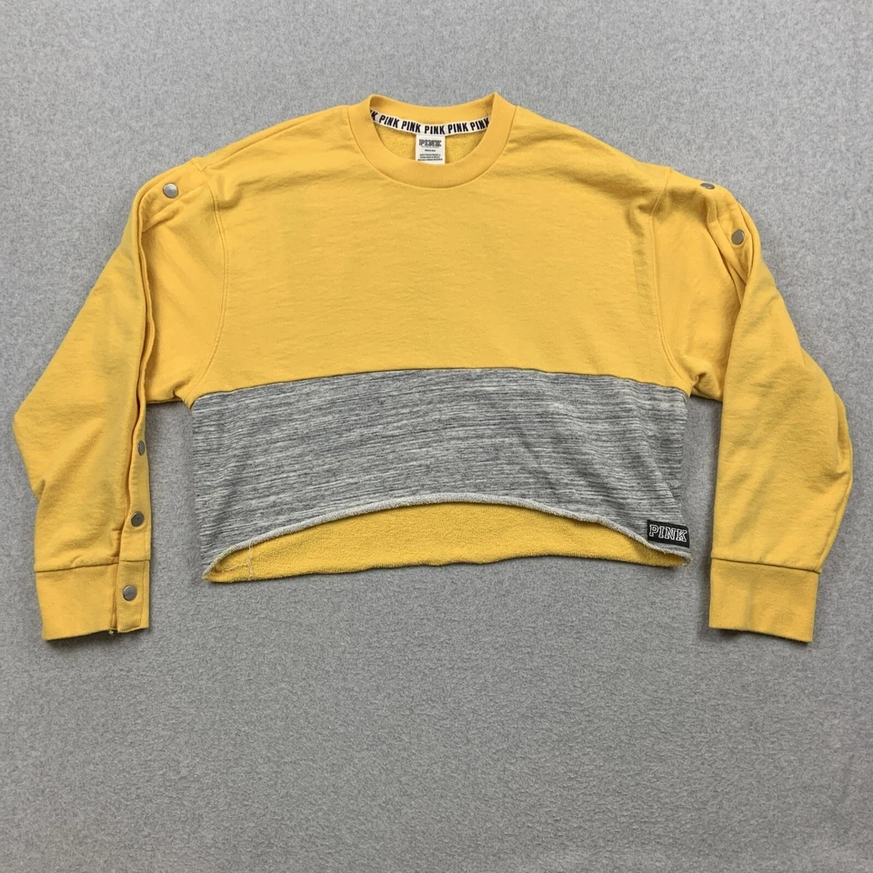 PINK By Victoria Secret Sudadera Mujer M Amarillo Recortado Pullover Botón A Presión Foto 1 de 4