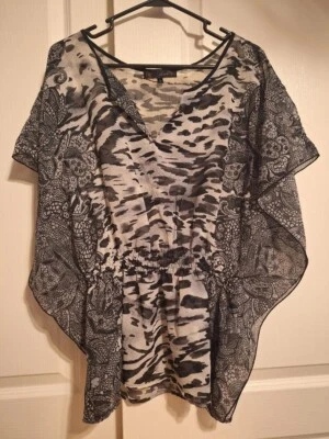 Animal & paisley print black/gray sheer junior ladies top w/cinched waist XL — 第 1/3 张图片