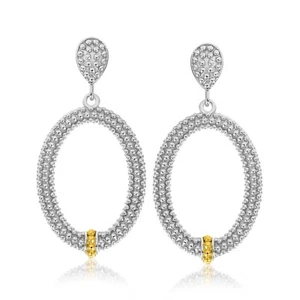 18k Yellow Gold & Sterling Silver Open Oval Motif Popcorn Earrings - Picture 1 of 1