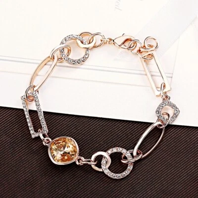 18K Rose Gold GF Made With SWAROVSKI Crystal Oval Round Rectangle Link Bracelet - Image 1 of 4