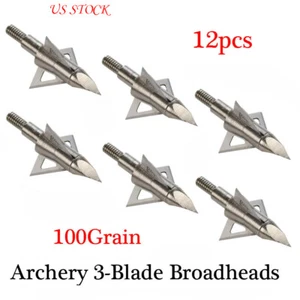 12X Archery Hunting Arrowheads Compound Bow Broadhead 100Grain 3 Sharp Blade - Picture 1 of 6