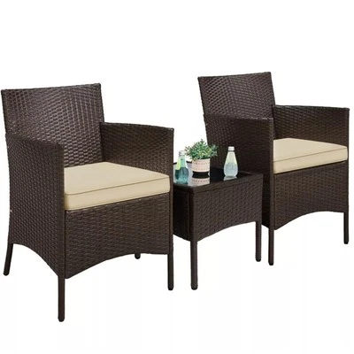 Juego de 3 sillas y mesa auxiliar de mimbre para patio bistró con cojines, marrón Foto 1 de 4