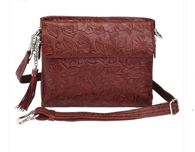 Tooled Cowhide Leather Concealed Carry Handbag Purse Crossbody Adjustable Red - Image 1 of 4