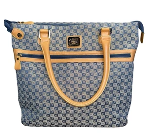Liz Claiborne Randa Luggage Carry on Purse Tote Blue Tan Gold Shoulder Strap - Picture 1 of 9
