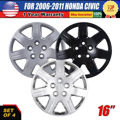 4 Pack 16" Bolt-on Hubcaps for 2006-2011 Honda Civic Silver or Black Wheel Cover - Image 1 of 4