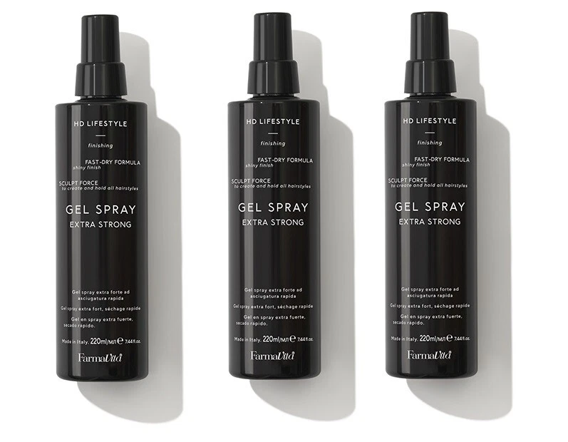 3 PEZZI FARMAVITA HD LIFE STYLE EXTRA STRONG GEL SPRAY 220ml EXTRA FORTE CAPELLI