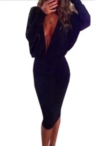 NAVY DEEP V PLUNGE LONG SLEEVE DRESS SIZE S - Picture 1 of 1