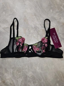 Adored By Adore Me BH Gr. 34A schwarz rosa Blumen transparent ungefüttert Bügel NEU - Bild 1 von 4