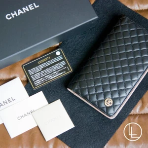 CHANEL Matelasse Black / Pink Quilted Lambskin Leather Wallet w/ Bow-Tie Crest - Picture 1 of 18