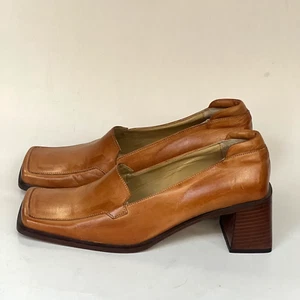 Vintage PAOLA CANIGLIA Leather Loafers Tan Brown Square Toe Mid Heel Italy 38 - Picture 1 of 17