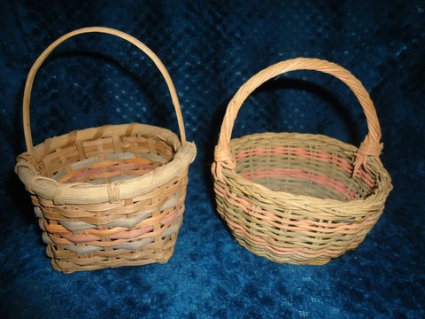 Two Small Round Woven Splint Baskets, Pale Salmon/Blue/Tan #1359 Cover