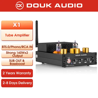 Douk Audio X1 Hi-Fi Bluetooth 5.0 Amplificatore valvolare 5654 MM Turntable Tube Amp - Immagine 1 di 4