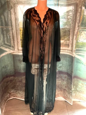 Vestido Lencería De Colección Miss Elaine Negro Chifón y Encaje Peignoir Bata Manga Globo Foto 1 de 4