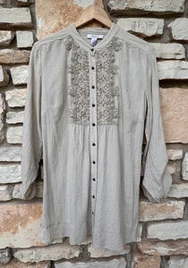 STYLE & CO. Boho Tan Cotton Lace Yoke Trim Button Up Long Sleeve Size 6 - Foto 1 di 3