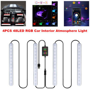 4PC 48LED RGB In-Car Atmosphere Light Strip Bar Bluetooth APP Music Control Lamp