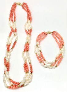 14 k Yellow Gold Angel Skin Coral & Freshwater Pearl Necklace Bracelet Set - 16"