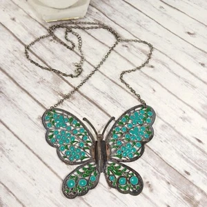 Türkis Schmetterling Anhänger Halskette groß 5x4" dunkel silberfarben verstellbar 34" Kette - Bild 1 von 8