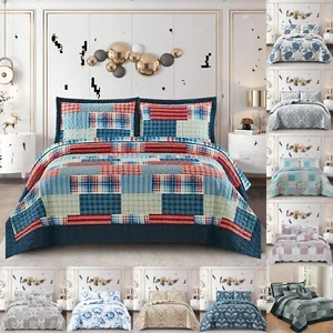 3 Pcs Quilted Printed Patchwork Bedspread Bedding Set With Pillow Case All Sizes - Picture 1 of 24
