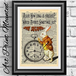 MONTIERTES WÖRTERBUCH Druck ANTIKE BUCHSEITE ALICE IM WUNDERLAND WEISSER HASE - Bild 1 von 3