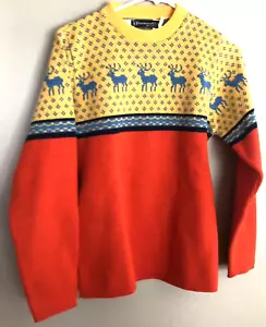 Vintage OBERMEYER Wollpullover bunt rot & gelb mit blauem Hirsch Größe S - Bild 1 von 3