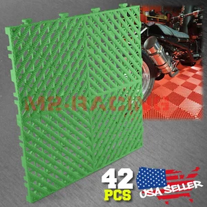 42pcs 16"x16" Green Garage Floor Mat Perforated Flooring Tile Shop Interlocking - Picture 1 of 8
