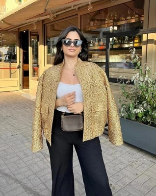 ZARA ZW COLLECTION Sz S SEQUIN JACKET GOLD ROUND NECK NEW FW24 7925/993 Bloggers - Image 1 of 4