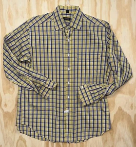 Barney's New York Yellow-Purple Checked Italy 100% Cotton Mens Shirt EUC Size L - Picture 1 of 7