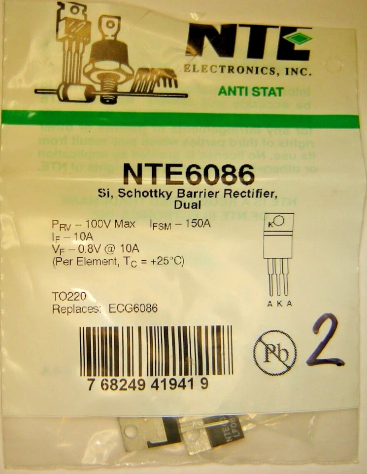 2 pcs New NTE6086 Si, Schottky Barrier Dual Rectifier 100V/20A TO220 - Image 1 of 2