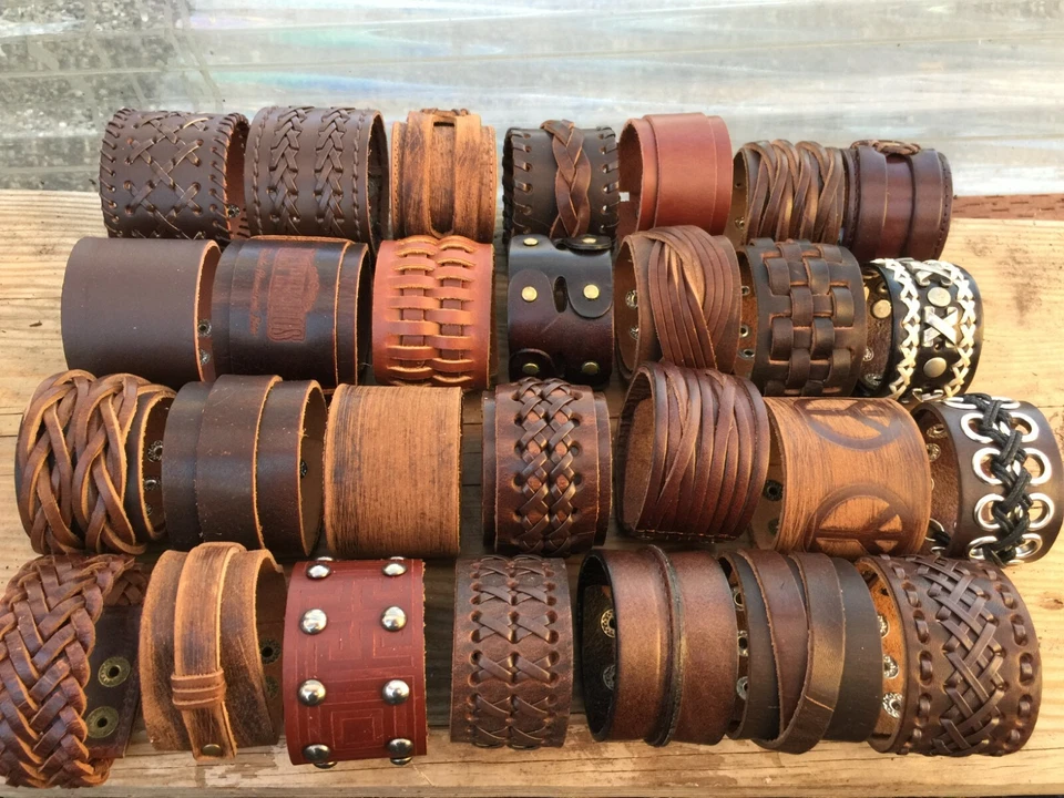 Men's Punk Wide Genuine Leather Belt Wristband Bangle Cuff Bracelet Adjustable - Image 1 of 1