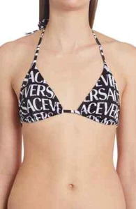 Versace Womens Logo Print Triangle Bikini Top Swimwear Black White Size 2 - Picture 1 of 2