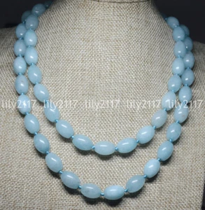 Genuine Natural Blue Aquamarine Rice Gemstone Beads Necklace 16-48 inch 10x14mm - Picture 1 of 13