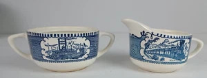 Royal Currier & Ives Blue Creamer & Sugar Bowl NO LID Express Train Boat - Picture 1 of 4