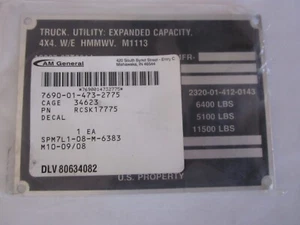 M1113 HMMWV Blank Data plate AM General - Picture 1 of 3