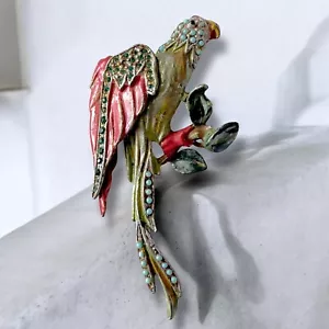 Papagei Vogel Brosche Emaille Strass 40er Jahre Vintage Topf Metall groß signiert - Bild 1 von 9