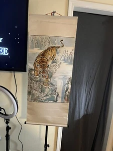 Pintura a mano japonesa vintage firmada por tigre de seda T0117 MAKURI MEKURI HONSHI - Imagen 1 de 4