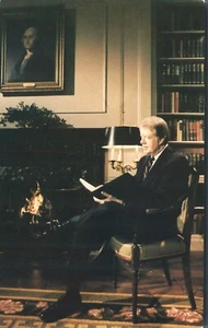 President Jimmy Carter Crackling Fire White House  Washington DC 1980 Postcard - Picture 1 of 2