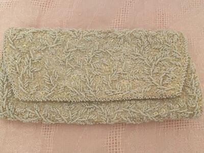 Vintage Handmade Sequin and Beaded Gold/Ivory Clutch, Made in Hong Kong - Image 1 of 4