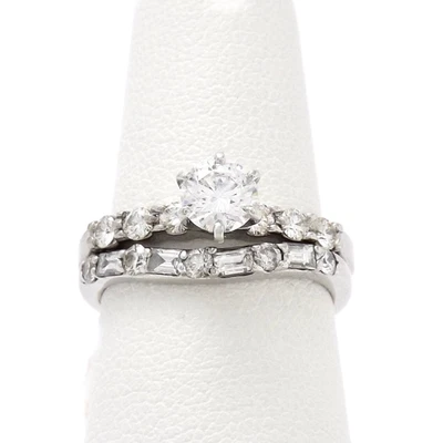 14k White Gold Round Baguette Diamond Wedding Band Engagement Ring Enhancer sz5 - Image 1 of 4