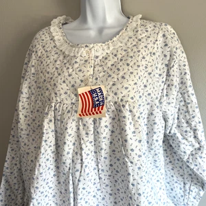 Vintage Katz Flannel Long Nightgown Blue Floral XXL Cotton USA NWT - Picture 1 of 5