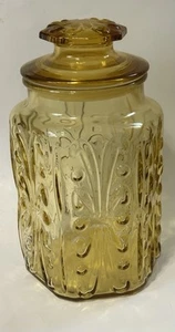 Vintage LE Smith Amber Yellow Glass Lidded Canister Imperial Atterbury Scroll 9” - Picture 1 of 13