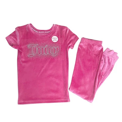 Juicy Couture Girls Pink Plush Velour Two Piece Set Shirt Leggings Size 6 Bling - Image 1 of 4