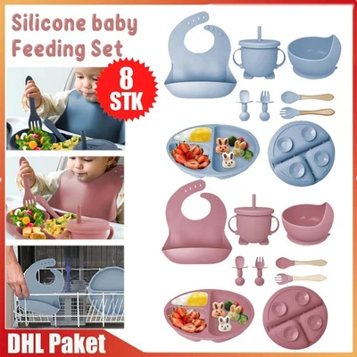 Silikon Baby Geschirrset Kindergeschirr 8 Stücke Kinder Teller mit Saugnapf NEU - Bild 1 von 4