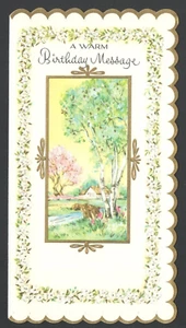 UnUsed Vintage Embosssed Goldtone Birthday Card & Envelope COUNTRY Scene & Creek - Picture 1 of 8