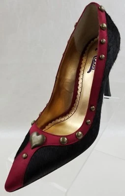 Hale Bob Pumps Pointy Toe Leather Black Pony Hair Red Trim Studs Shoes Size 6.5M - Image 1 of 4